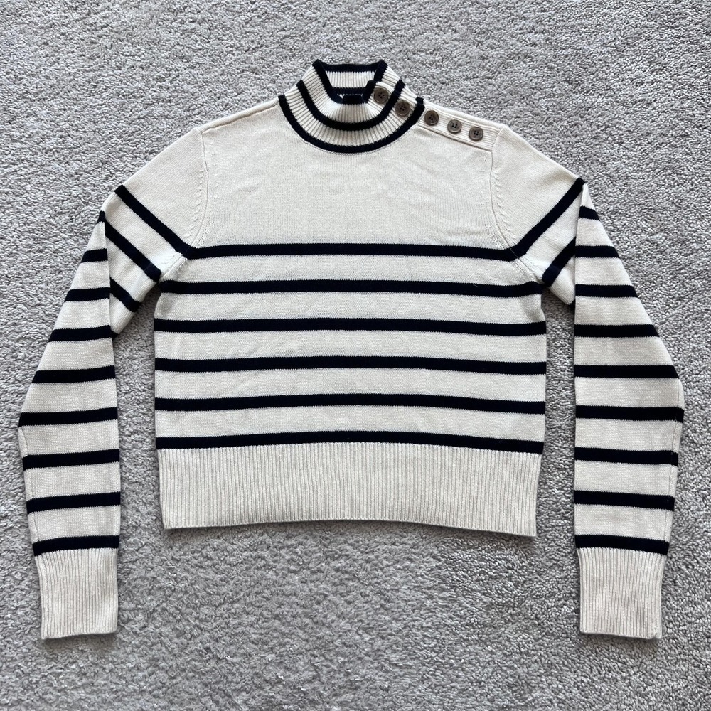 FRAME Striped Off White Multi Mock Neck Cashmere Sweater Womens Button Shoulder